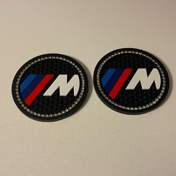 BMW Motorsports Logo Cup Holder Coasters Black with Bling set of 2 NWT - Picture 2 of 4